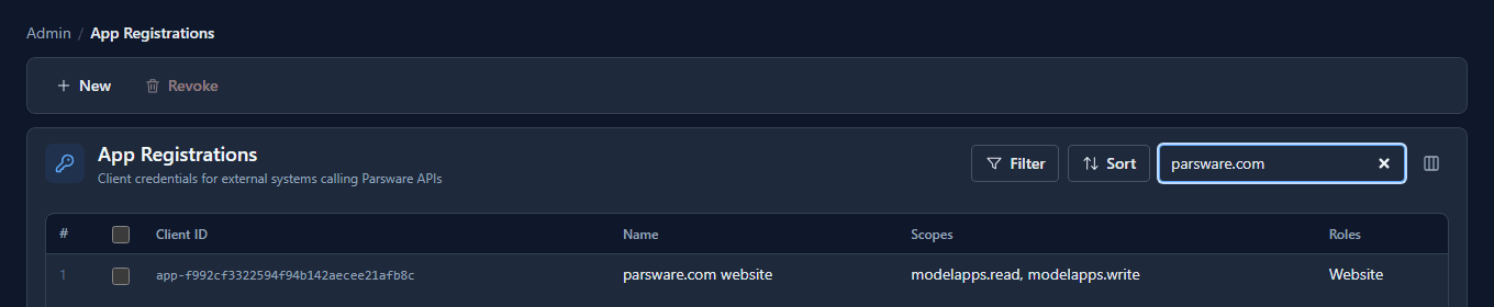 App Registrations, searched for parsware.com: parsware.com website, with the scopes modelapps.read and modelapps.write and the role Website