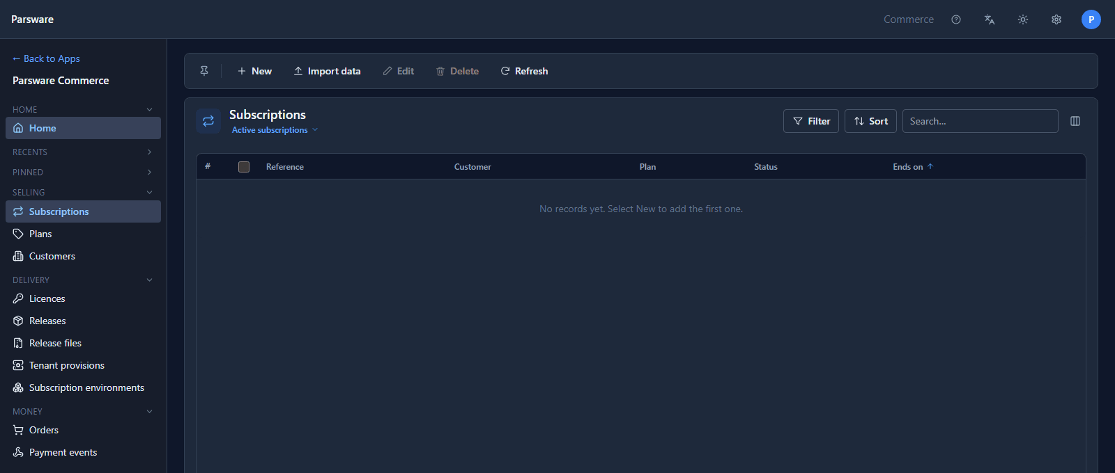 The Parsware Commerce app: Subscriptions, Plans and Customers under Selling; Licences, Releases, Release files, Tenant provisions and Subscription environments under Delivery; Orders and Payment events under Money