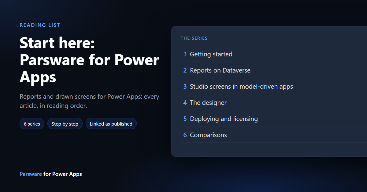 A dark title card reading "Start here: Parsware for Power Apps" beside a numbered list of the series: Getting started, Reports on Dataverse, Studio screens in model-driven apps, The designer, Deploying and licensing, Comparisons
