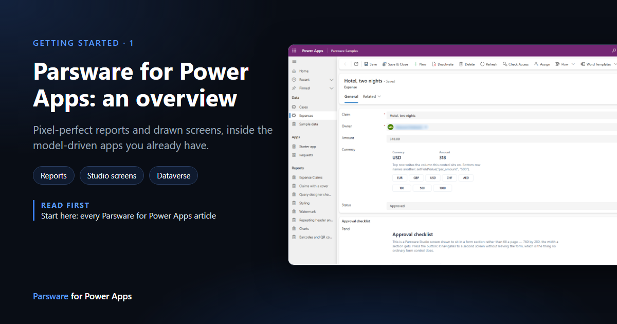 An expense record in a model-driven app, with a drawn Currency control and an Approval checklist panel on the form, next to the title "Parsware for Power Apps: an overview"