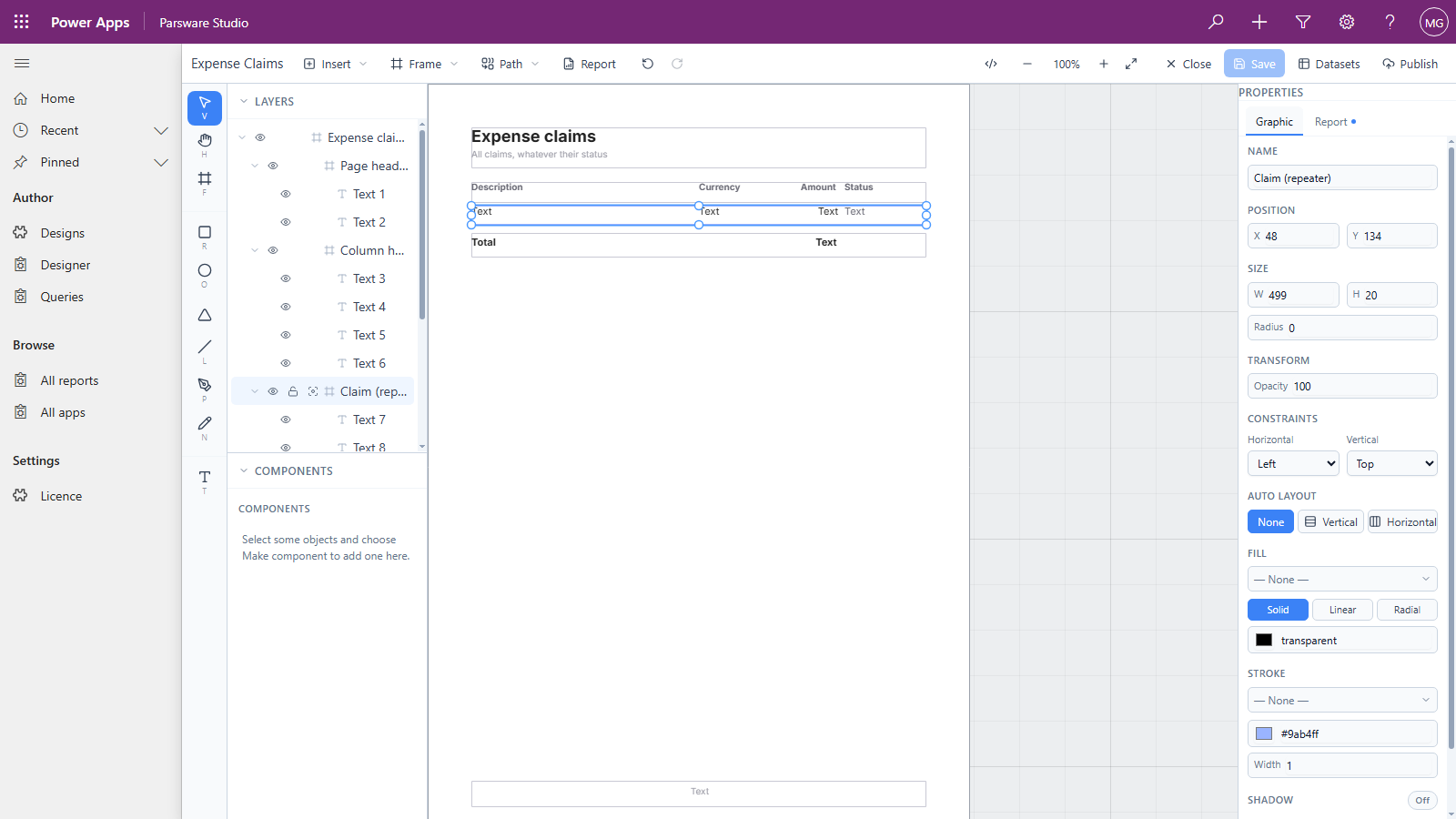 The Parsware designer inside the Parsware Studio app, with the Expense Claims report open: the layers list on the left, the report page in the middle with its header, column headings, a repeating Claim band and a total row, and the Properties panel on the right showing the selected band's name, position, size and fill