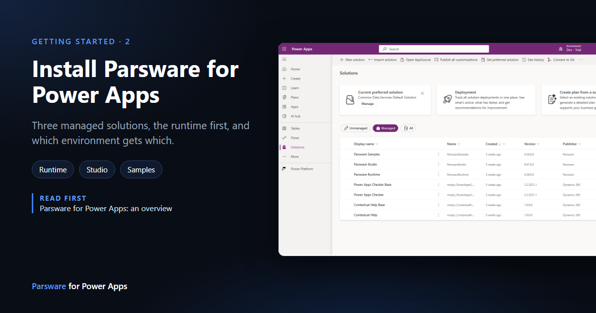 The Managed solutions list in the Power Apps maker portal showing Parsware Samples, Parsware Studio and Parsware Runtime from the publisher Parsware, next to the title "Install Parsware for Power Apps"