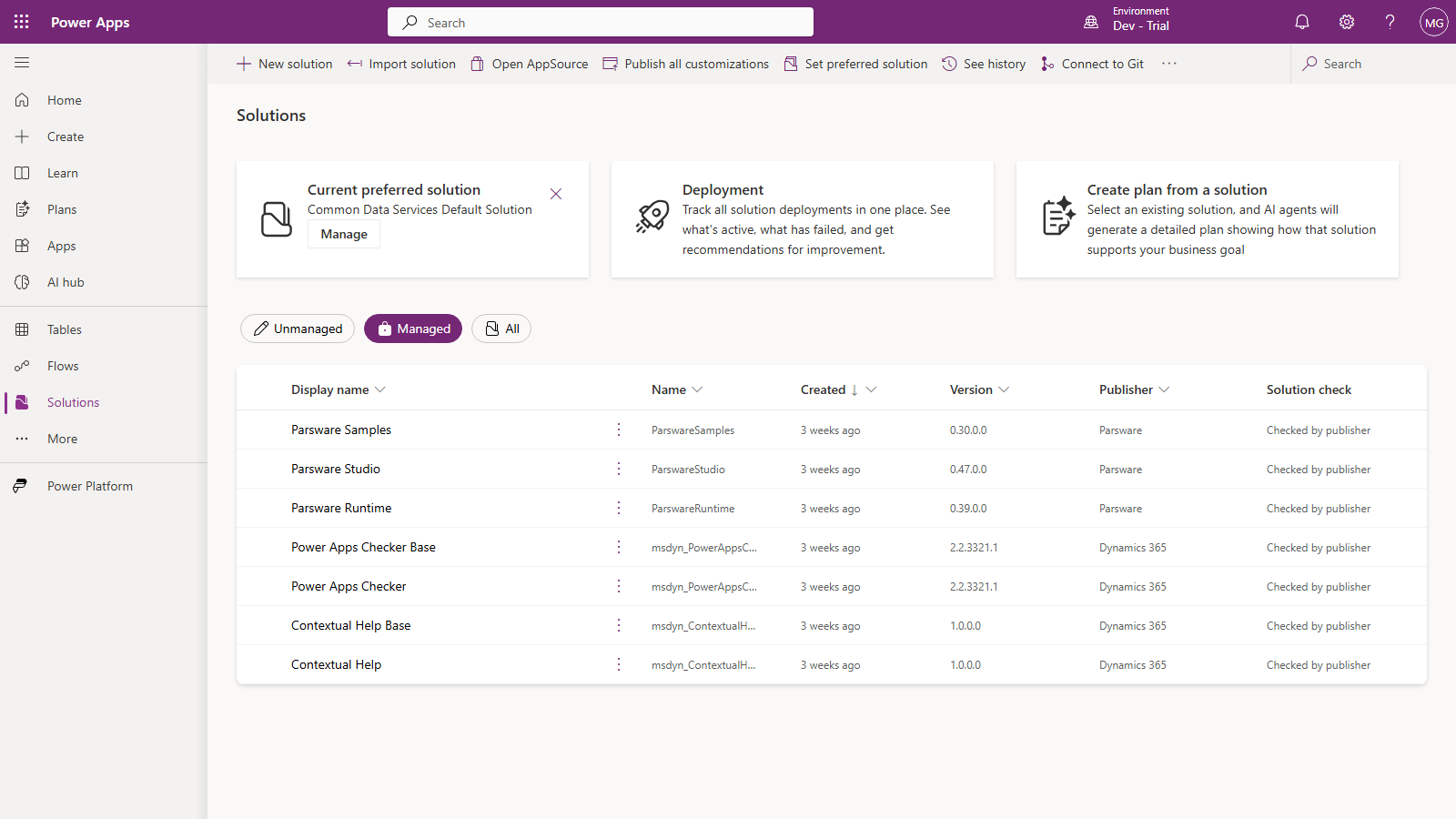 The Managed solutions list in the maker portal: Parsware Samples 0.30.0.0, Parsware Studio 0.47.0.0 and Parsware Runtime 0.39.0.0, all from the publisher Parsware and Checked by publisher, above four Microsoft solutions