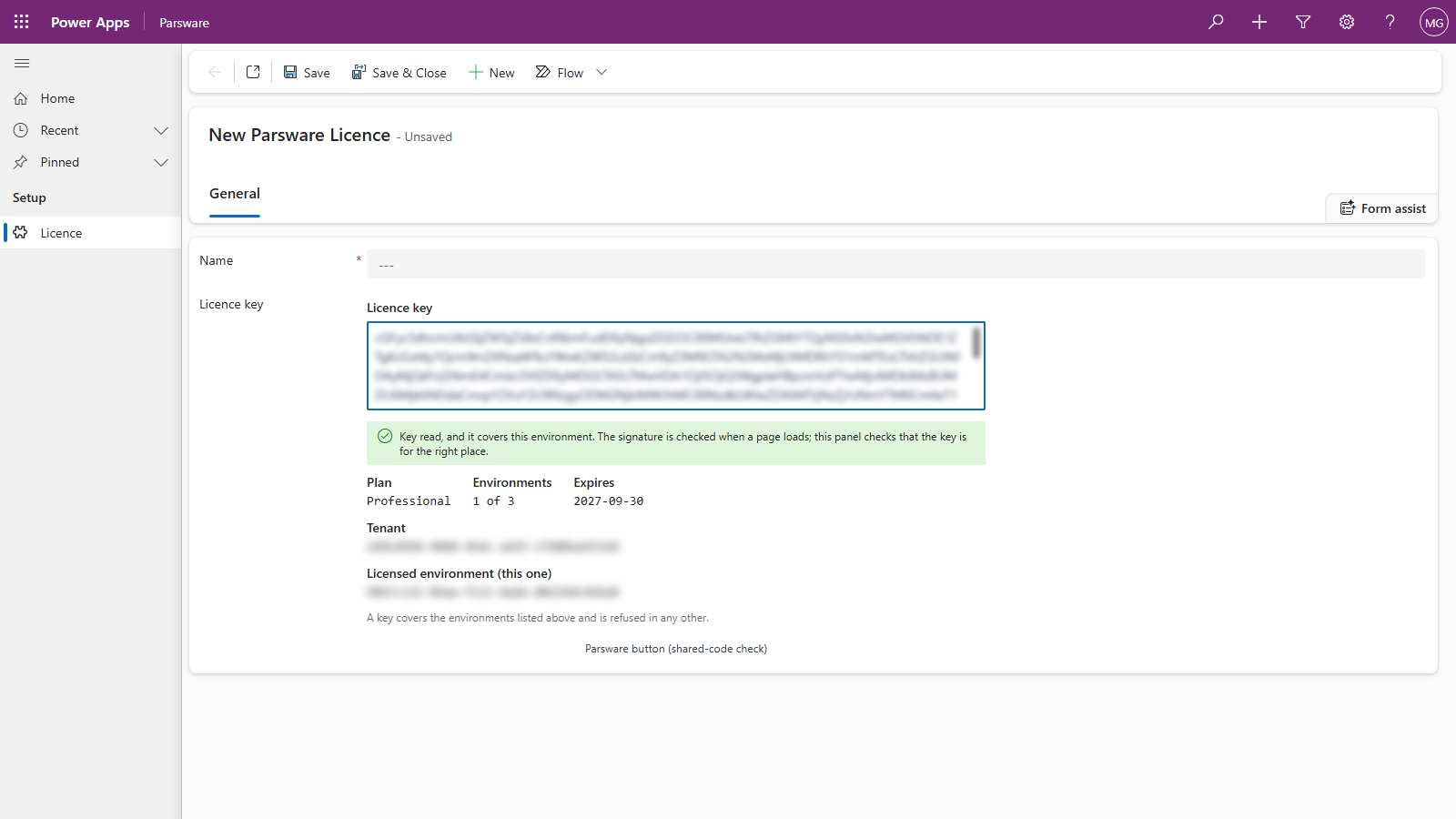 A new Parsware Licence form in the Parsware app. The Licence key box holds a pasted key, and the green panel below reads: Key read, and it covers this environment. The signature is checked when a page loads; this panel checks that the key is for the right place. It shows Plan Professional, Environments 1 of 3, Expires 2027-09-30, and the tenant and licensed environment, blurred here
