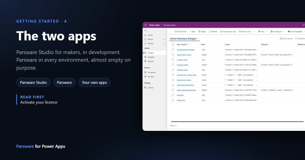 The Parsware Studio app in Power Apps, showing the Active Parsware Designs view with reports, apps and queries listed by name and kind, next to the title "The two apps"