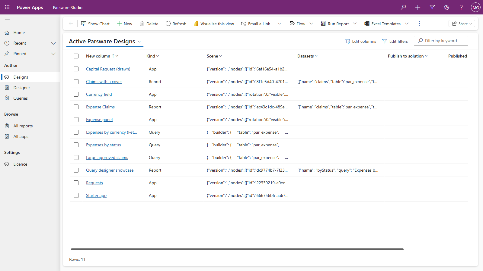 The Parsware Studio app on its Designs page. The navigation has Author (Designs, Designer, Queries), Browse (All reports, All apps) and Settings (Licence), and the Active Parsware Designs view lists eleven designs with their kind: App, Report or Query