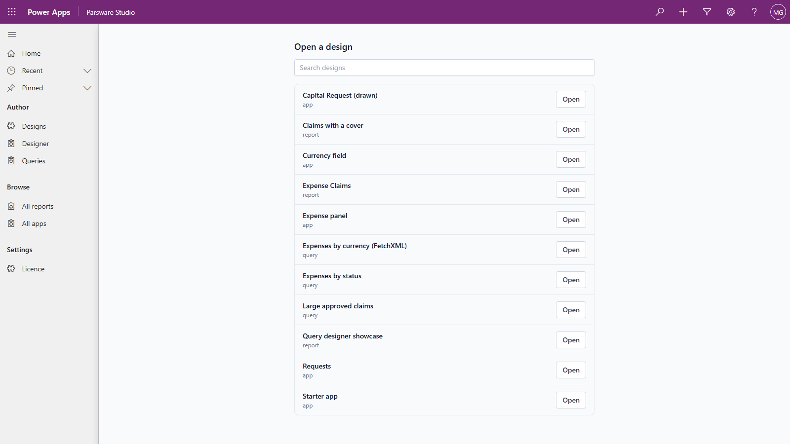 The Designer page in Parsware Studio: Open a design, a search box, and a list of designs such as Claims with a cover (report), Currency field (app) and Expenses by status (query), each with an Open button