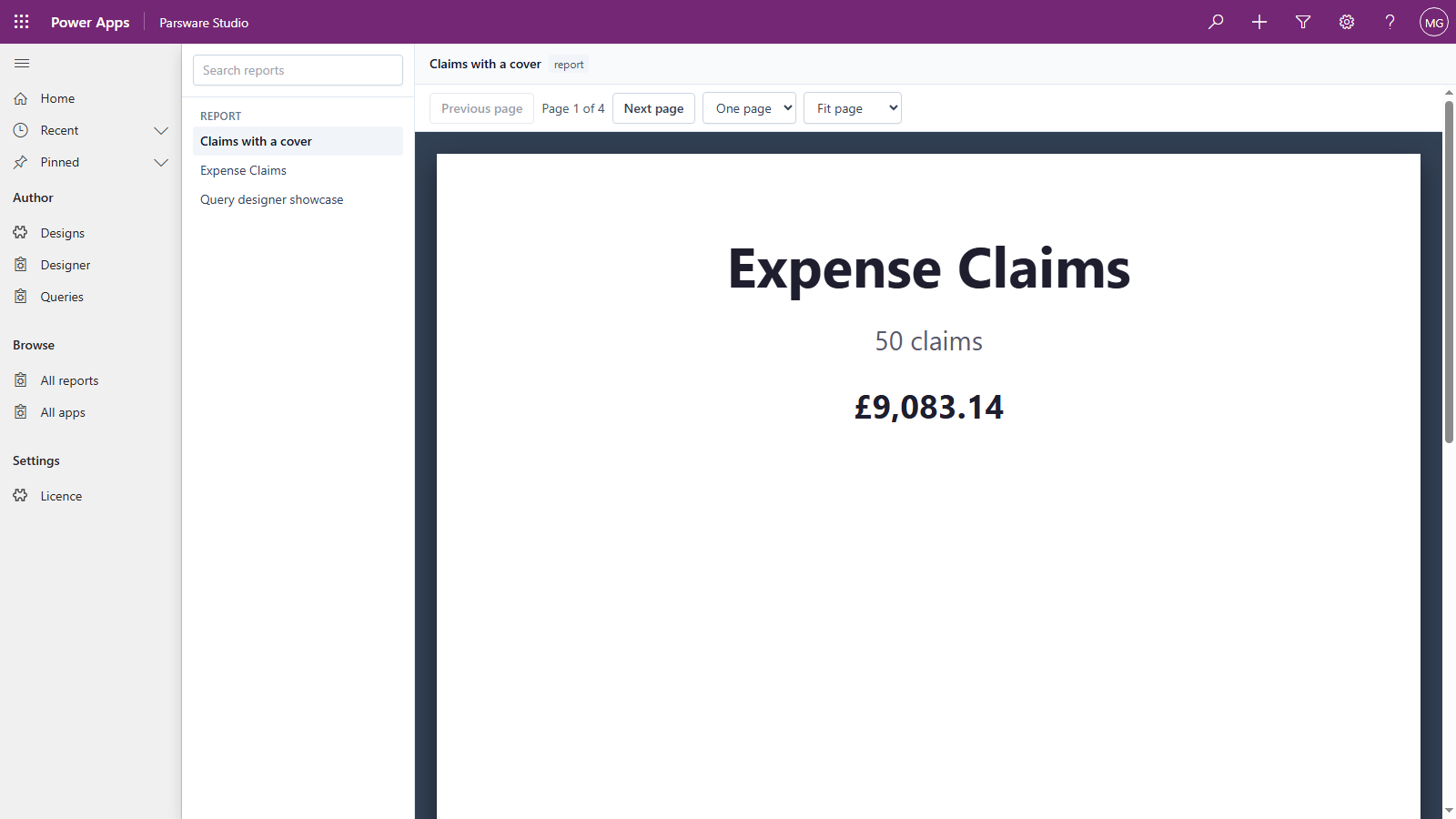 All reports in Parsware Studio: a searchable list of three reports on the left, and Claims with a cover running on the right, its cover page reading Expense Claims, 50 claims, £9,083.14, with page controls above it