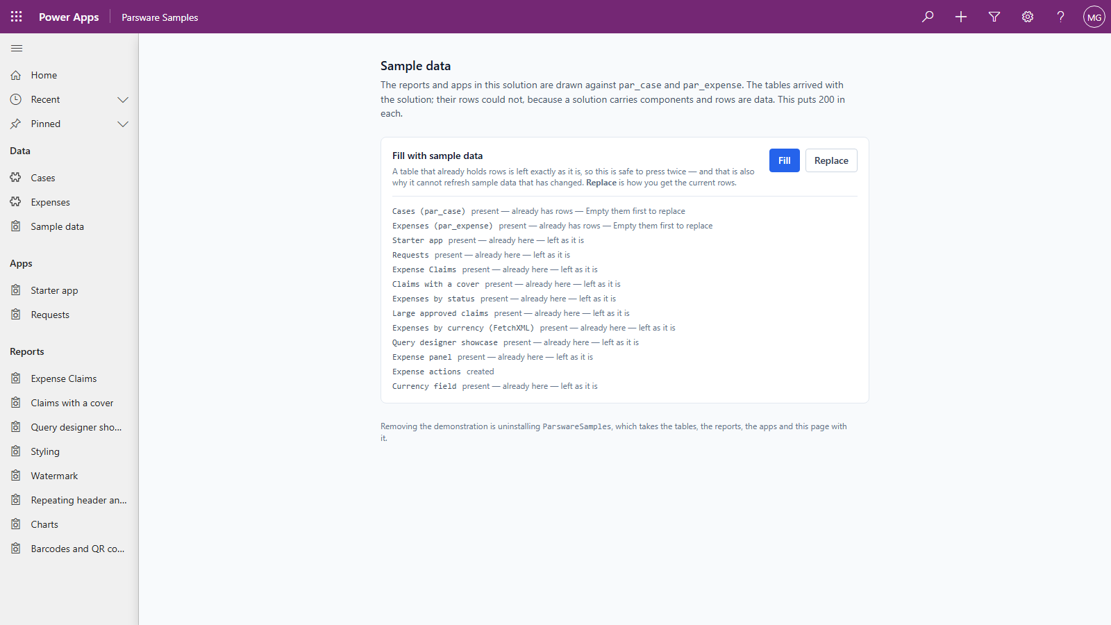 The Sample data page after pressing Fill in an environment that already had rows. Each line reports what happened: Cases and Expenses are present and already have rows, so they were left alone, and the sample designs are already here and left as they are, apart from Expense actions, which was created