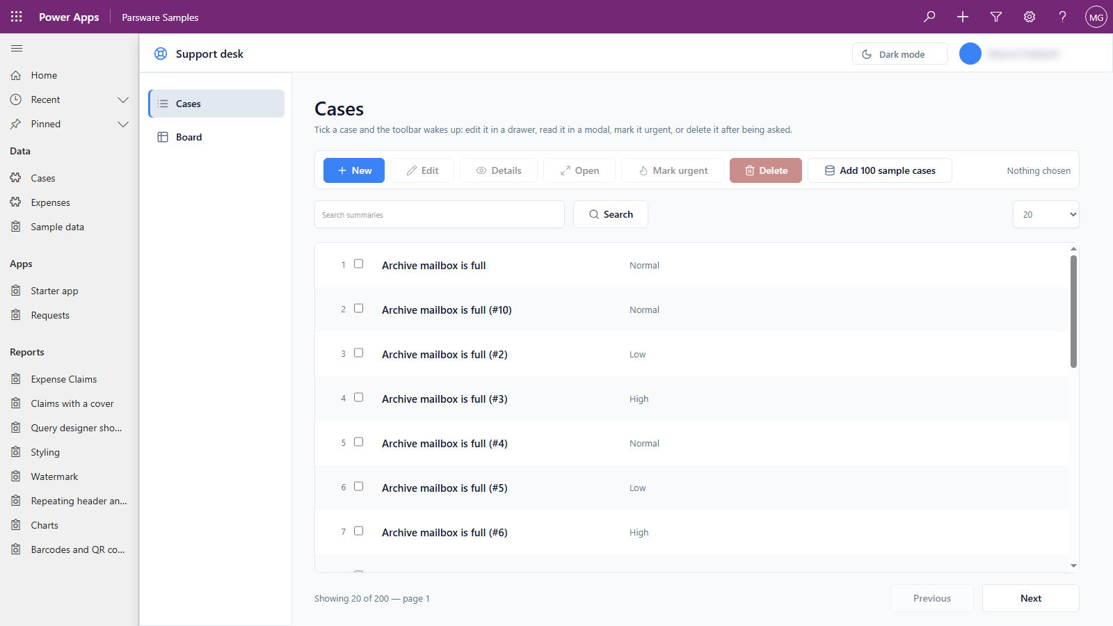 The Starter app, a Support desk Studio app in Parsware Samples: a Cases page with New, Edit, Details, Open, Mark urgent and Delete buttons, a search box, and a list of cases with their priority, showing 20 of 200