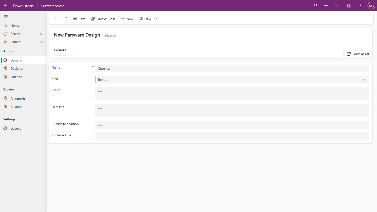 A new Parsware Design form in Parsware Studio with Name set to Case list and Kind set to Report. The Scene, Datasets, Publish to solution and Published file fields are still empty