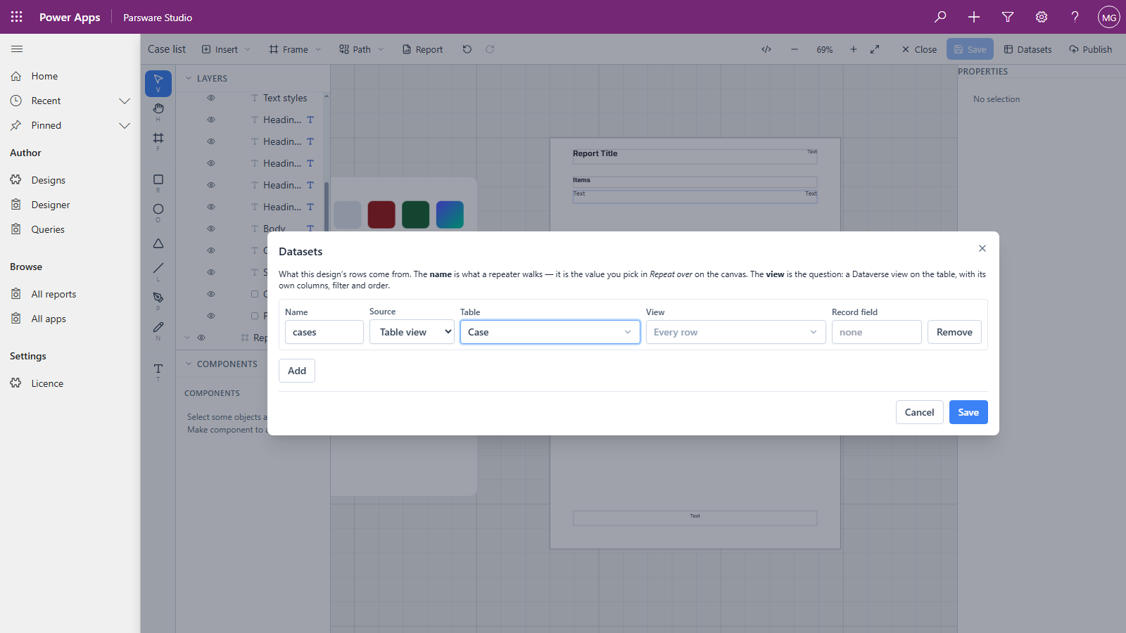 The Datasets dialog: a dataset named cases, Source Table view, Table Case and View Every row, with Add, Cancel and Save below