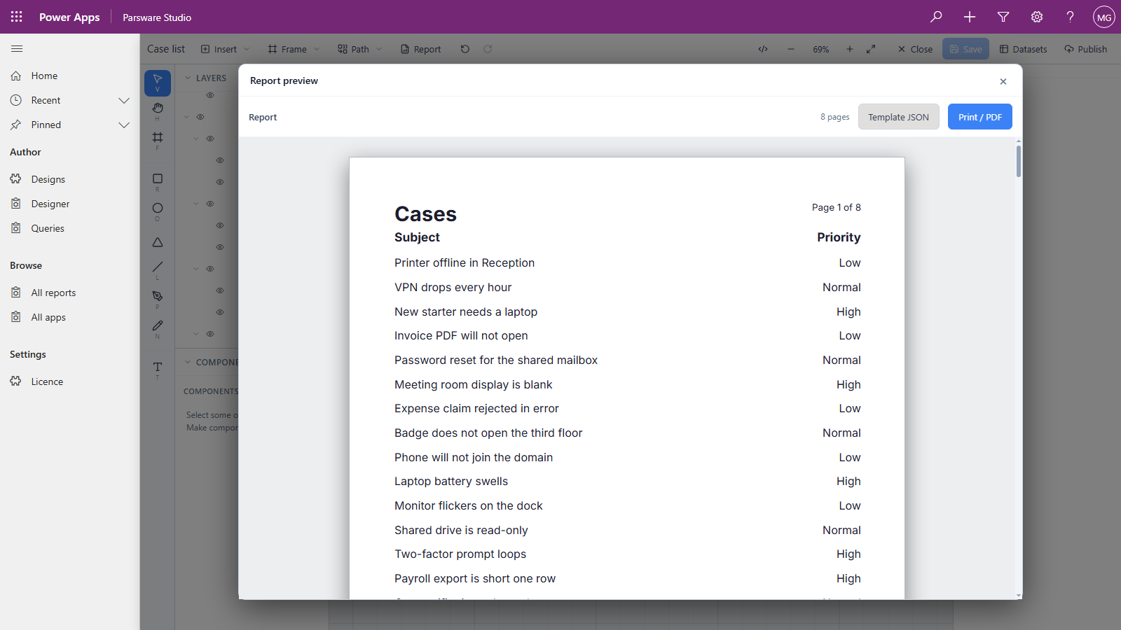 The Report preview: page 1 of 8, titled Cases, with Page 1 of 8 in the corner, Subject and Priority headings, and a row for each case such as Printer offline in Reception, Low, and VPN drops every hour, Normal