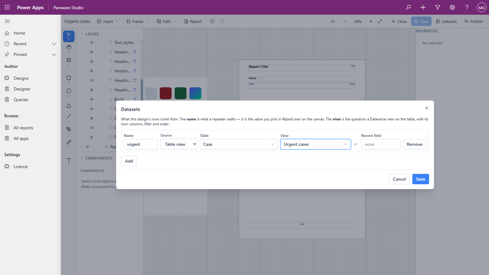 The Datasets dialog: a dataset named urgent, Source Table view, Table Case, and View set to Urgent cases
