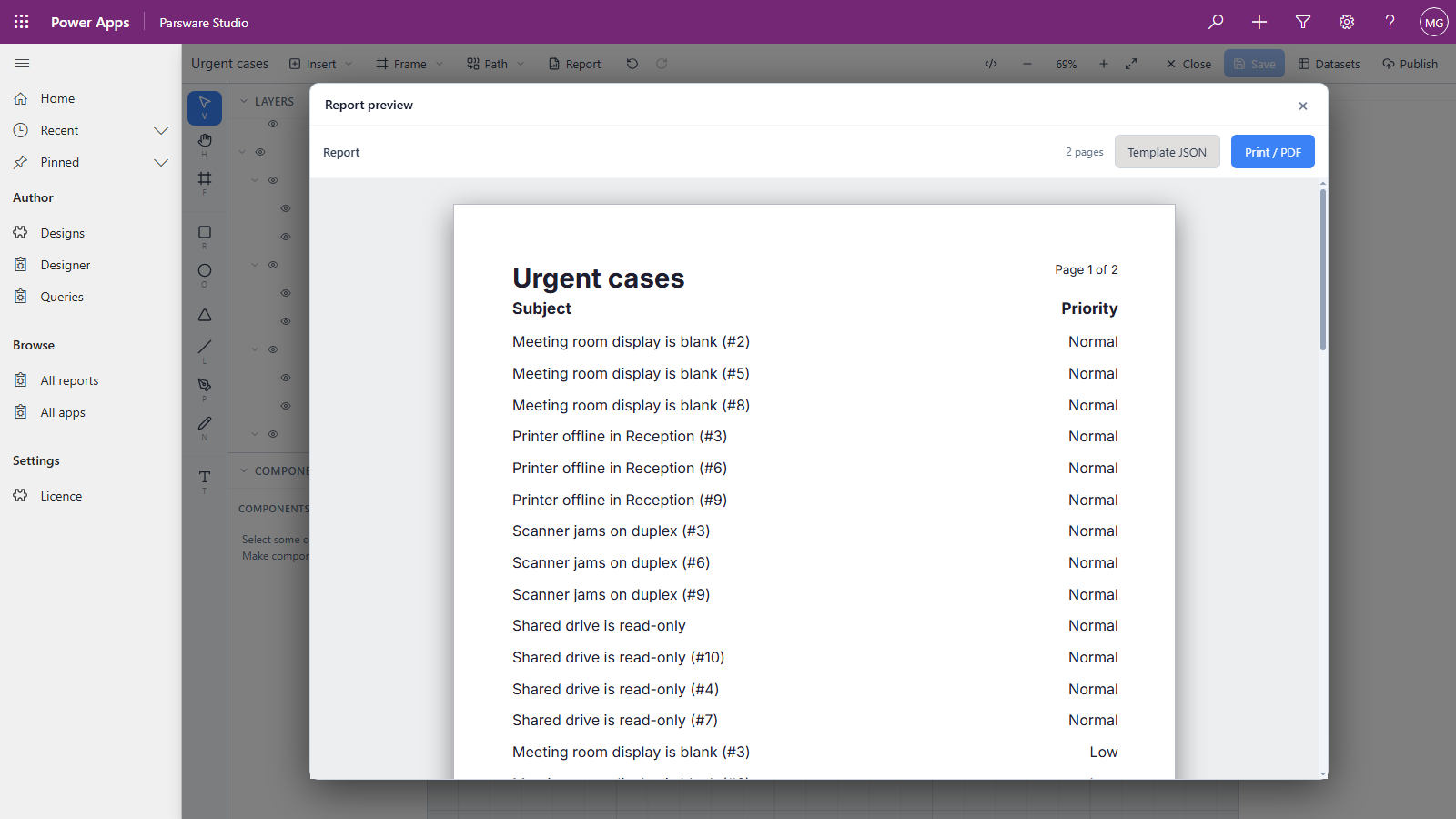 The Report preview: Urgent cases, page 1 of 2, listing only urgent cases, the Normal ones first and then the Low ones, each sorted by subject