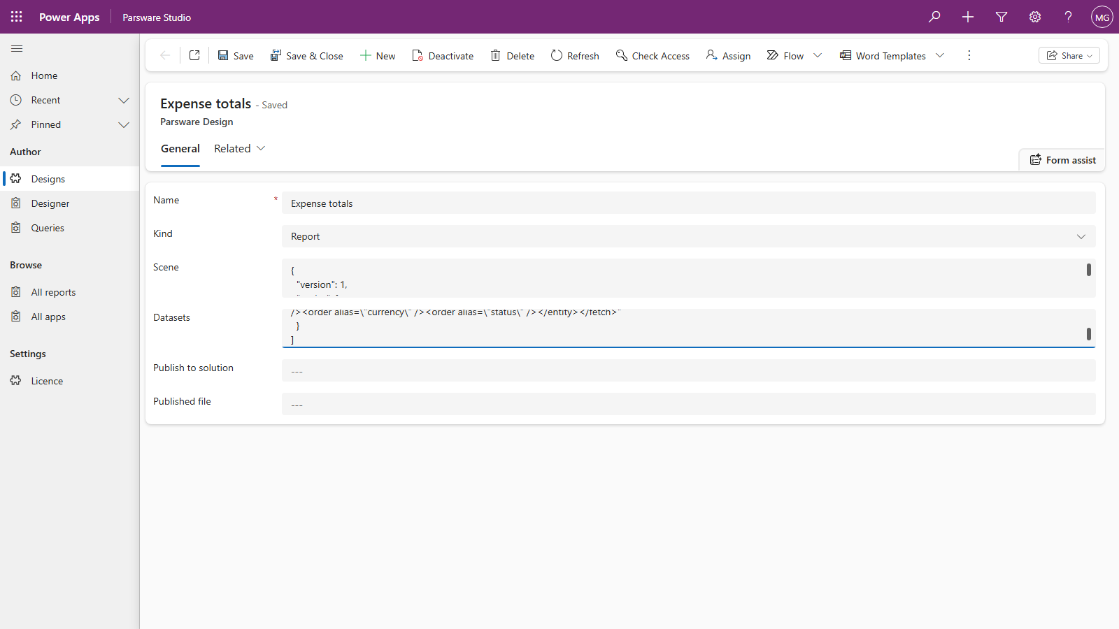 The Expense totals design form in Parsware Studio: Name Expense totals, Kind Report, and the Datasets field showing the end of the pasted FetchXML dataset