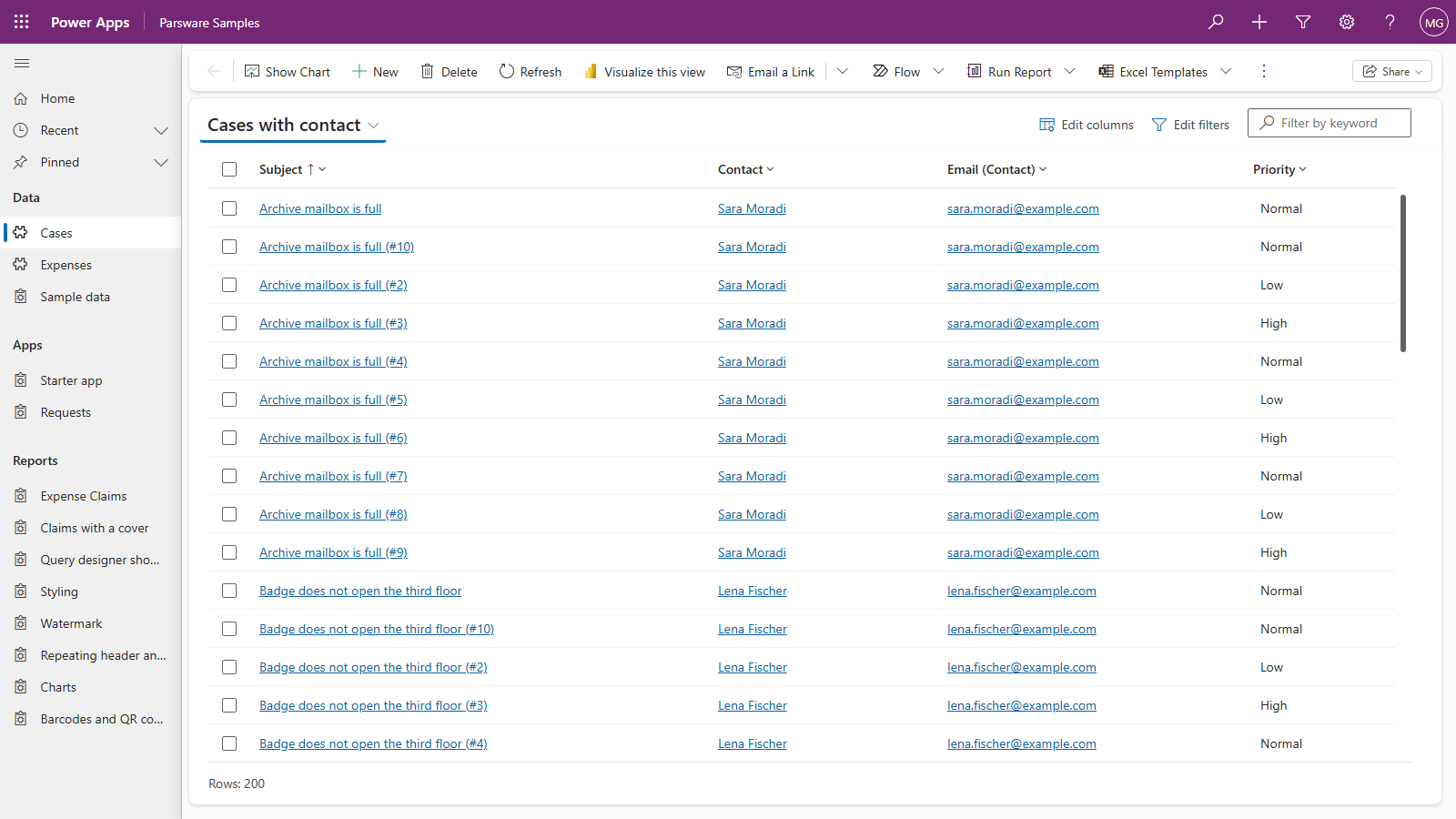 The Cases with contact view in the Parsware Samples app: Subject, Contact, Email (Contact) and Priority columns, with cases such as Archive mailbox is full belonging to Sara Moradi, and Rows: 200