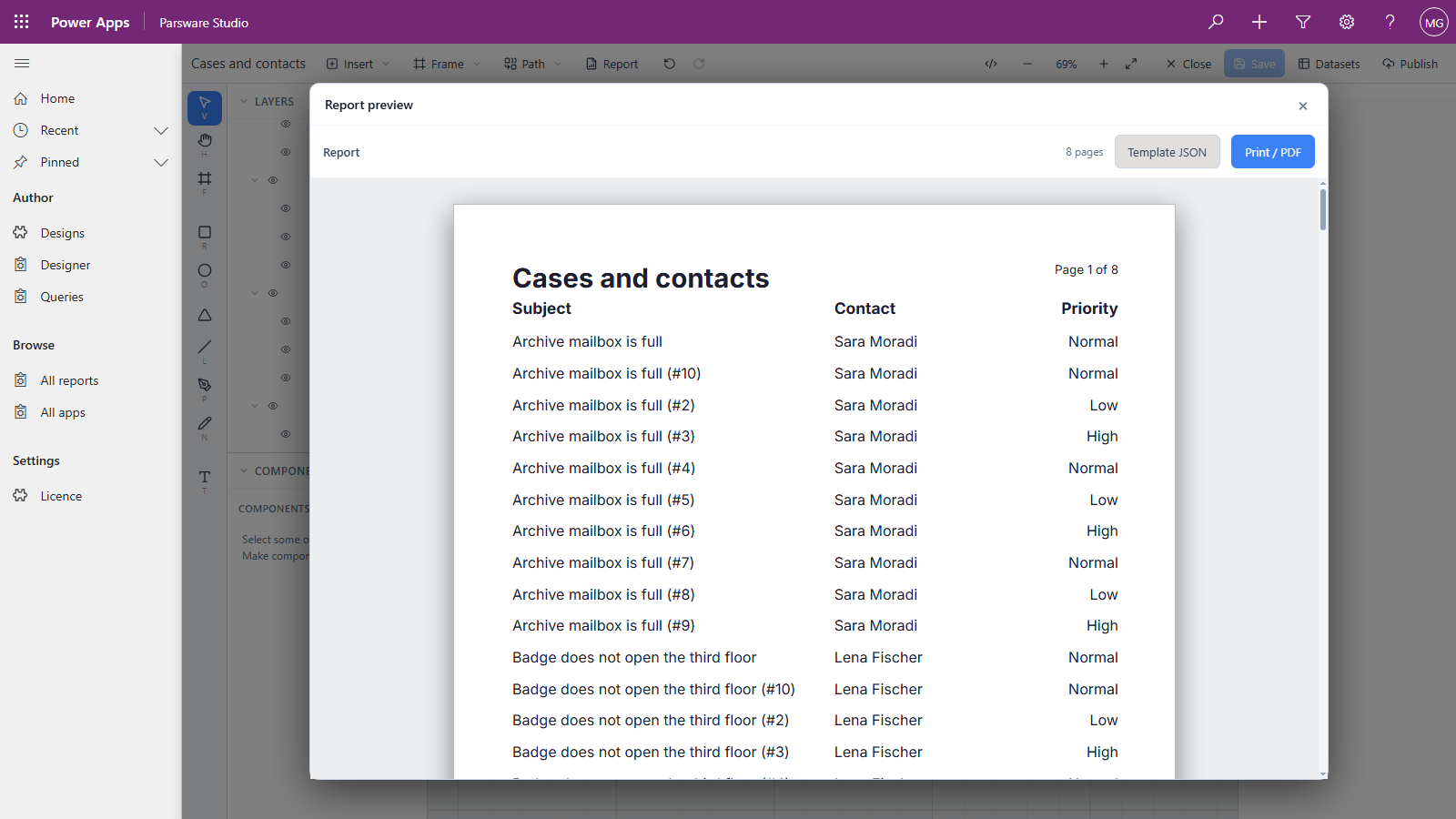 The Report preview: Cases and contacts, page 1 of 8. Each row shows a subject, a contact name such as Sara Moradi or Lena Fischer, and a priority such as Normal, Low or High