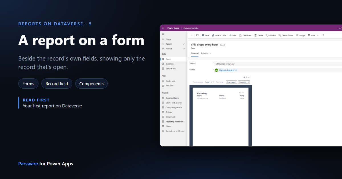 A case record in a model-driven app, VPN drops every hour, with a Parsware report below its fields: Case sheet, page 1 of 1, showing that one case with its contact Omar Rahimi and priority Normal, next to the title "A report on a form"