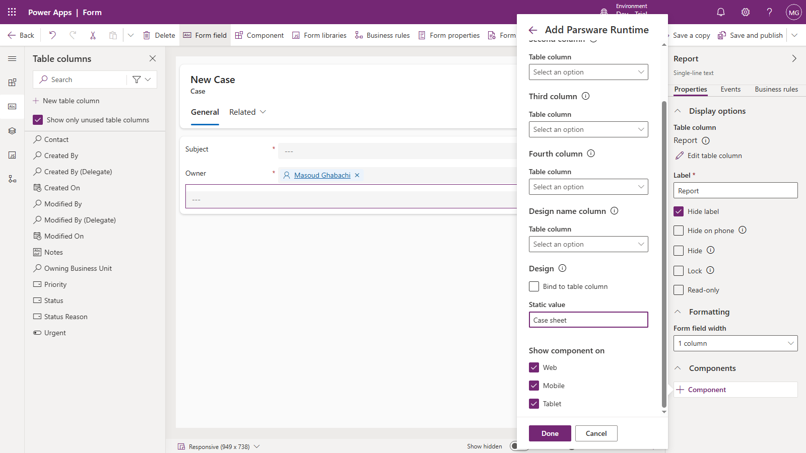 The Add Parsware Runtime panel in the form designer: Value bound to the Report column, the second, third and fourth columns and the Design name column left empty, and Design set to the static value Case sheet, shown on Web, Mobile and Tablet