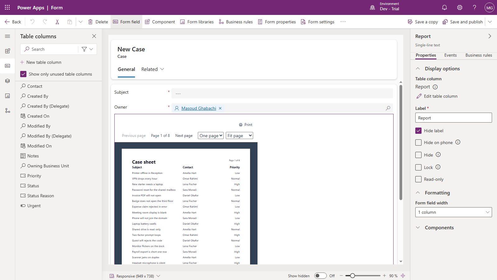 The form designer with the Parsware Runtime component on the Case form, drawing the Case sheet report with every case on it, page 1 of 8