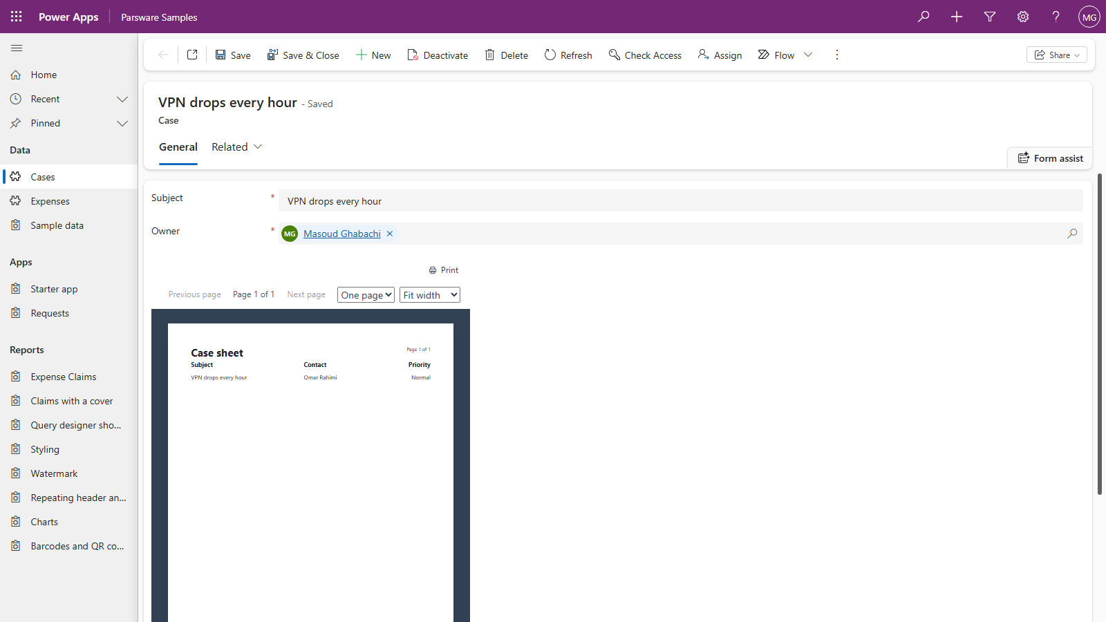 The case VPN drops every hour open in the Parsware Samples app. Below Subject and Owner, the Case sheet report shows page 1 of 1 with only this case: its subject, the contact Omar Rahimi and the priority Normal