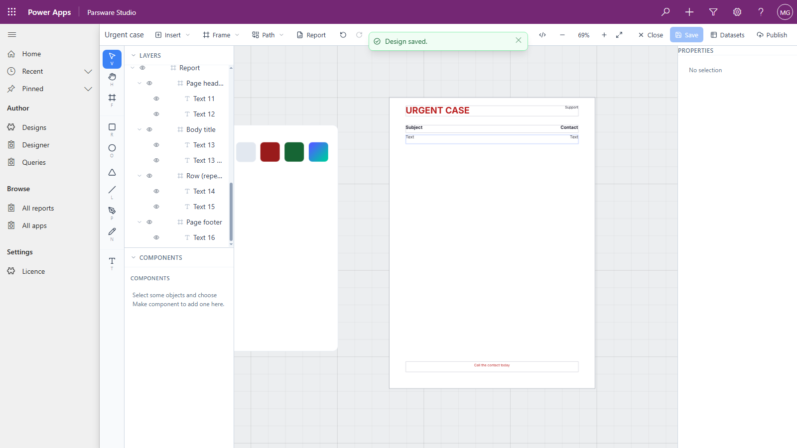 The Urgent case design in the Parsware designer: a page headed URGENT CASE in red, with Subject and Contact columns and the footer Call the contact today