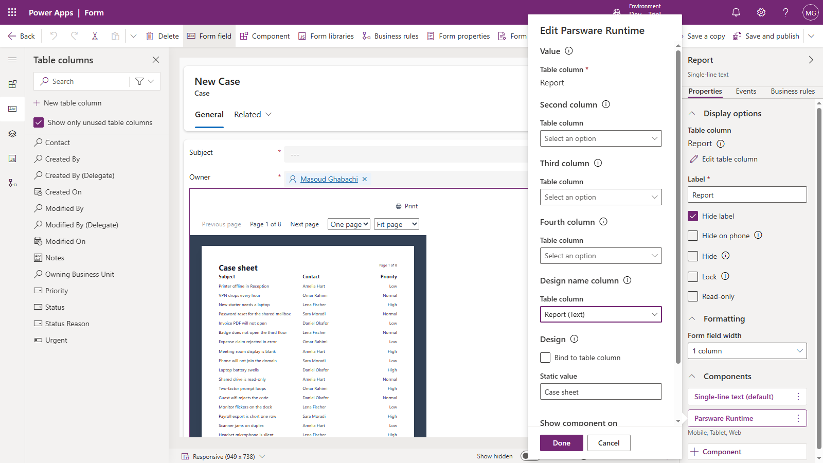 The Edit Parsware Runtime panel: Value is the Report column, Design name column is set to Report (Text), and Design keeps the static value Case sheet