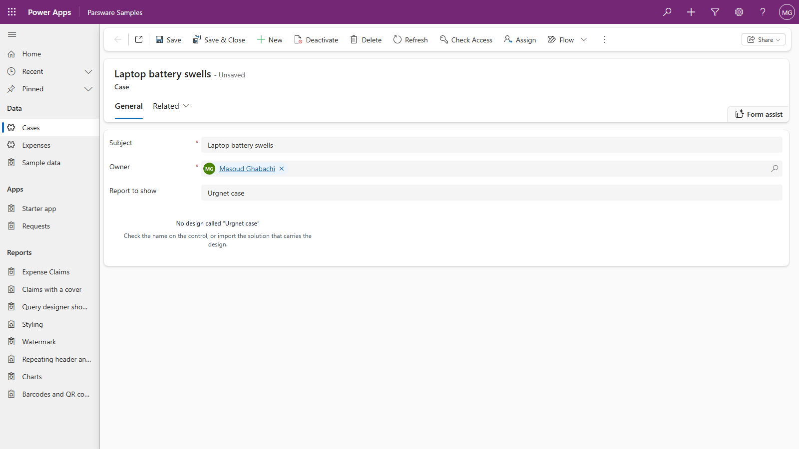 The case with Report to show set to Urgnet case, and in place of the report the message No design called Urgnet case: check the name on the control, or import the solution that carries the design