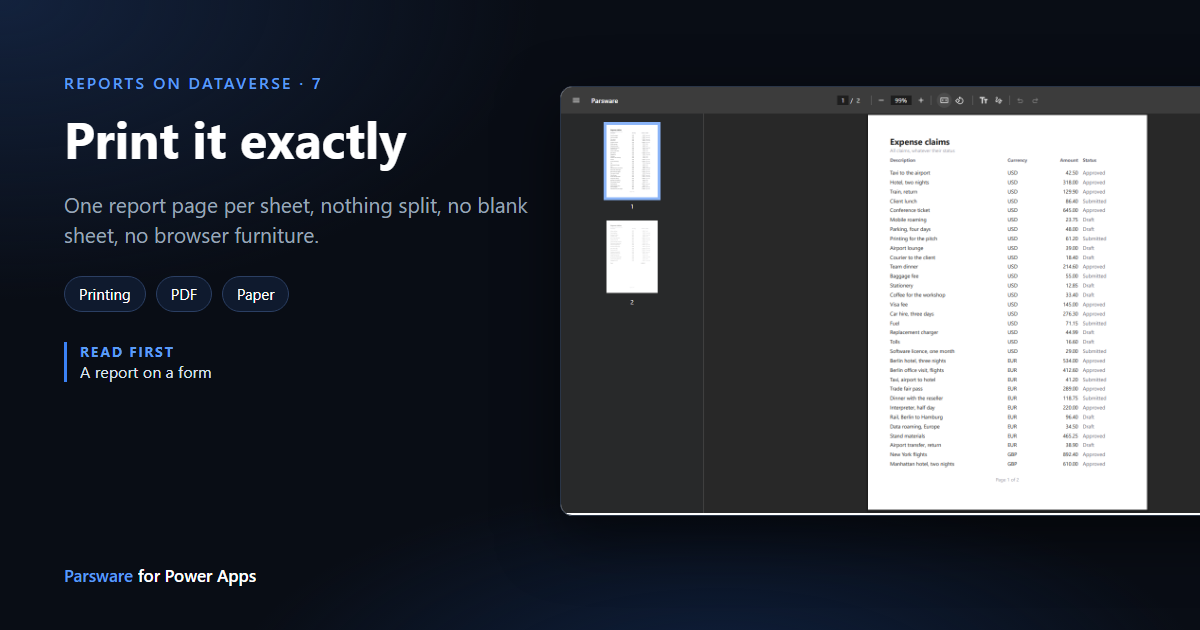 The Expense claims report printed to PDF with Chrome: page 1 of 2 on its own sheet, with the thumbnails of both sheets beside it, next to the title "Print it exactly"