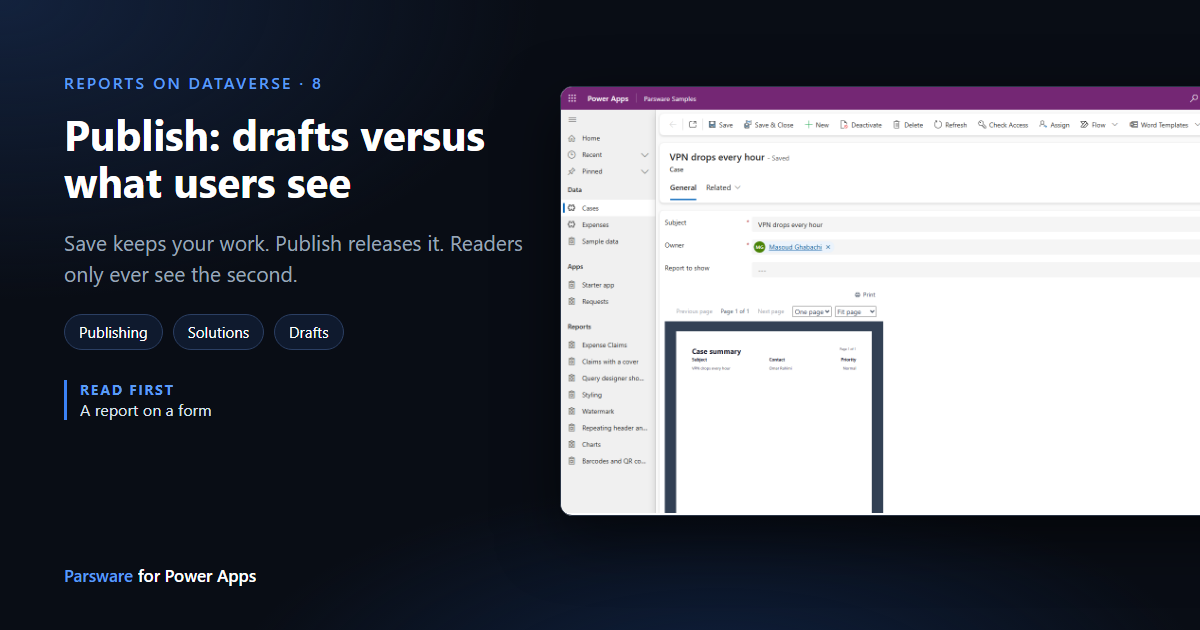 A case record, VPN drops every hour, with the published report below its fields now headed Case summary, next to the title "Publish: drafts versus what users see"