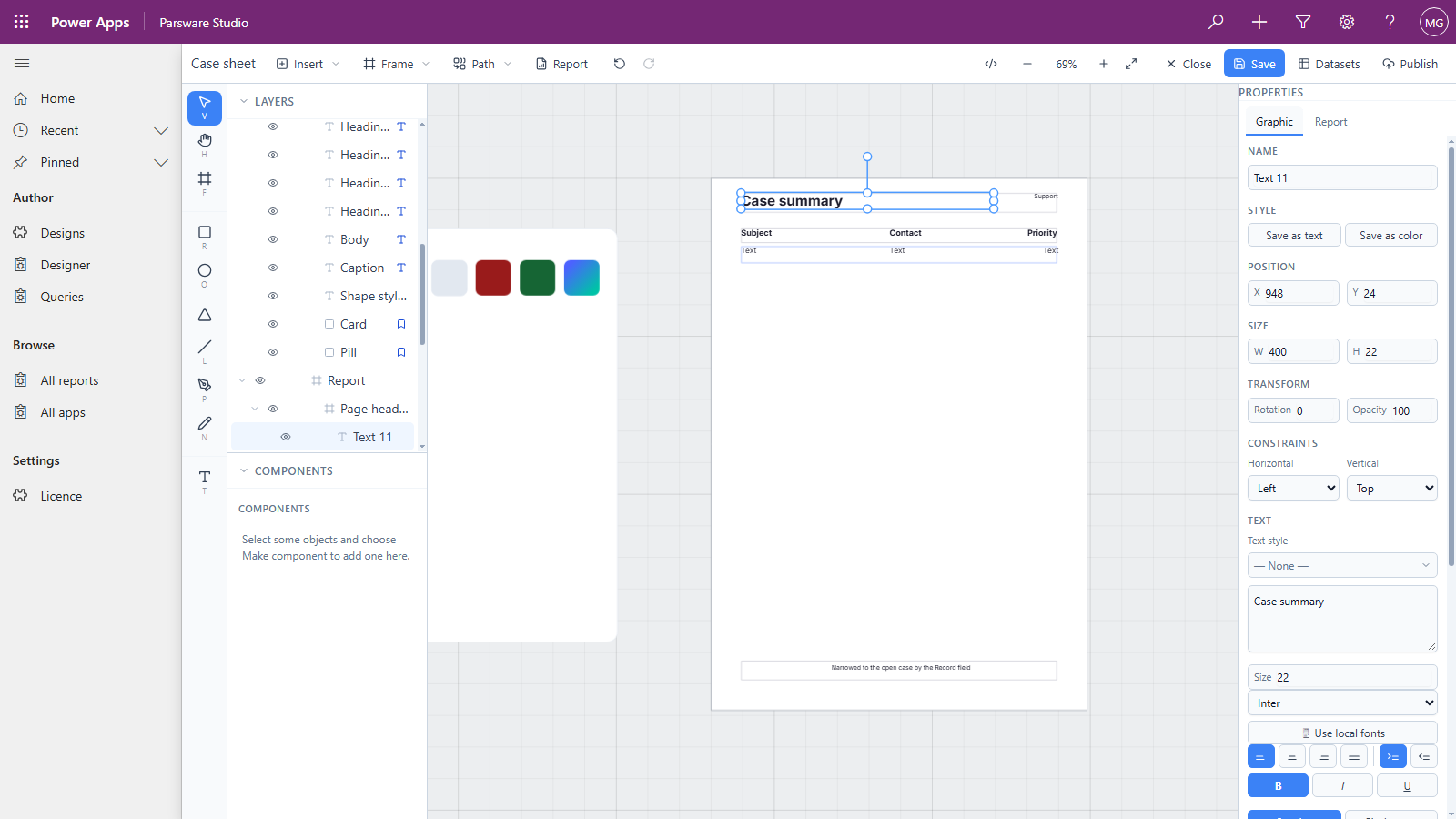 The Parsware designer with the Case sheet design open, the title text box selected and changed to Case summary in the properties pane, and the Save button highlighted in the toolbar