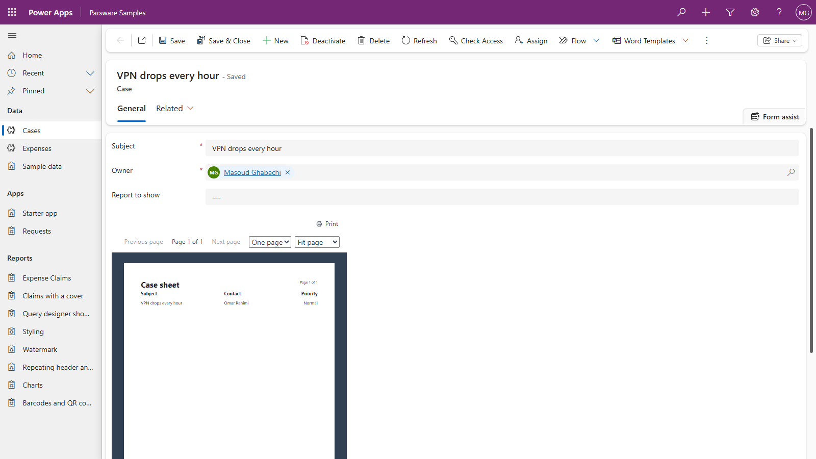 The case VPN drops every hour in the Parsware Samples app, with the report below its fields still headed Case sheet