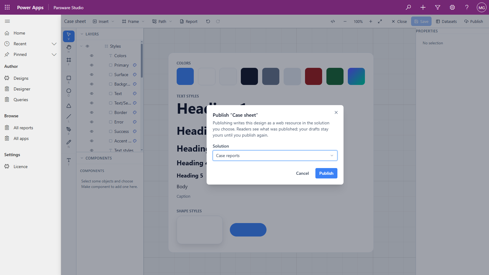 The Publish Case sheet dialog over the designer, explaining that publishing writes the design as a web resource in the solution you choose, with Solution set to Case reports and a Publish button