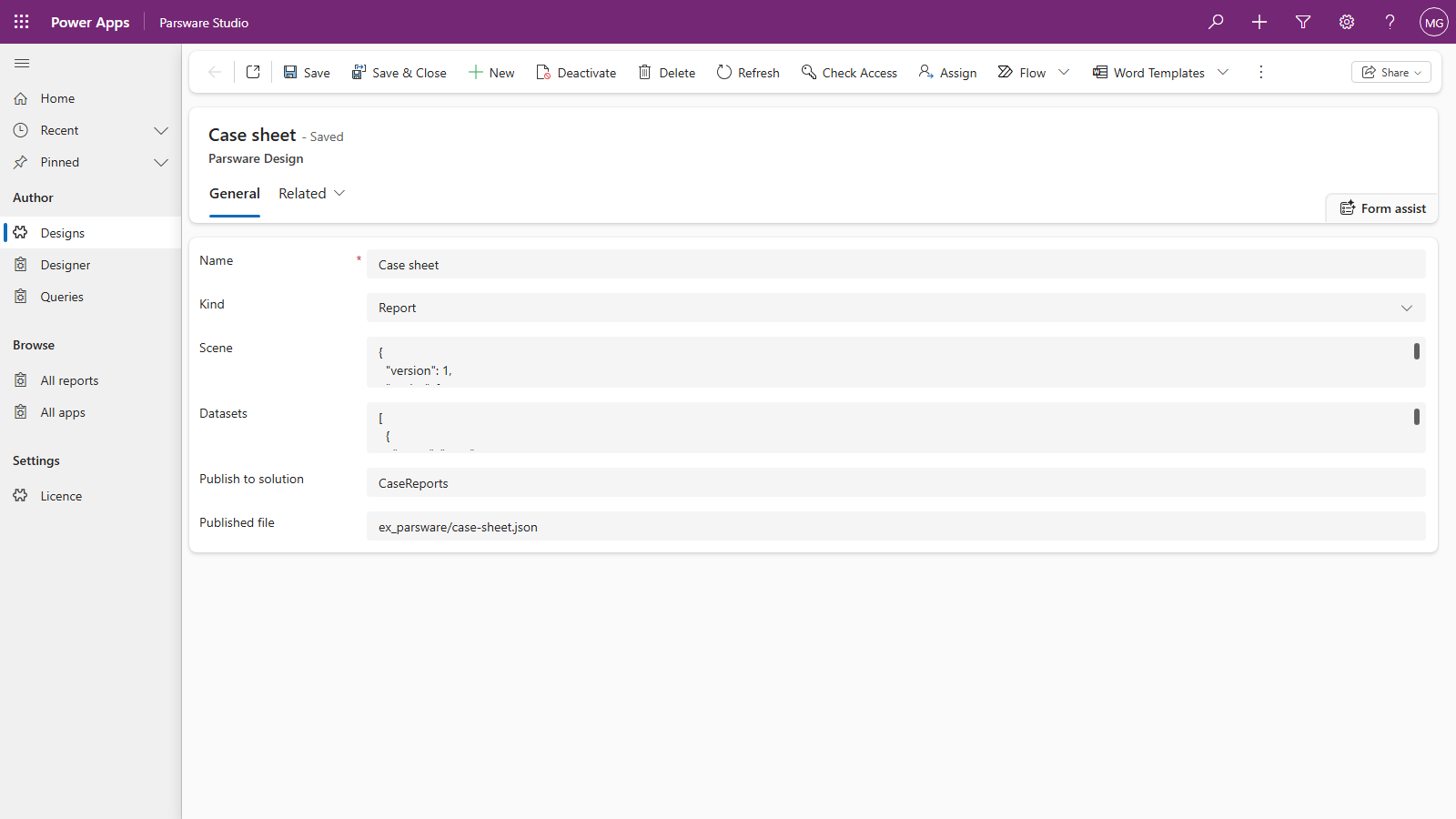 The Case sheet design's form in Parsware Studio: Name Case sheet, Kind Report, the Scene and Datasets fields, Publish to solution CaseReports and Published file ex_parsware/case-sheet.json