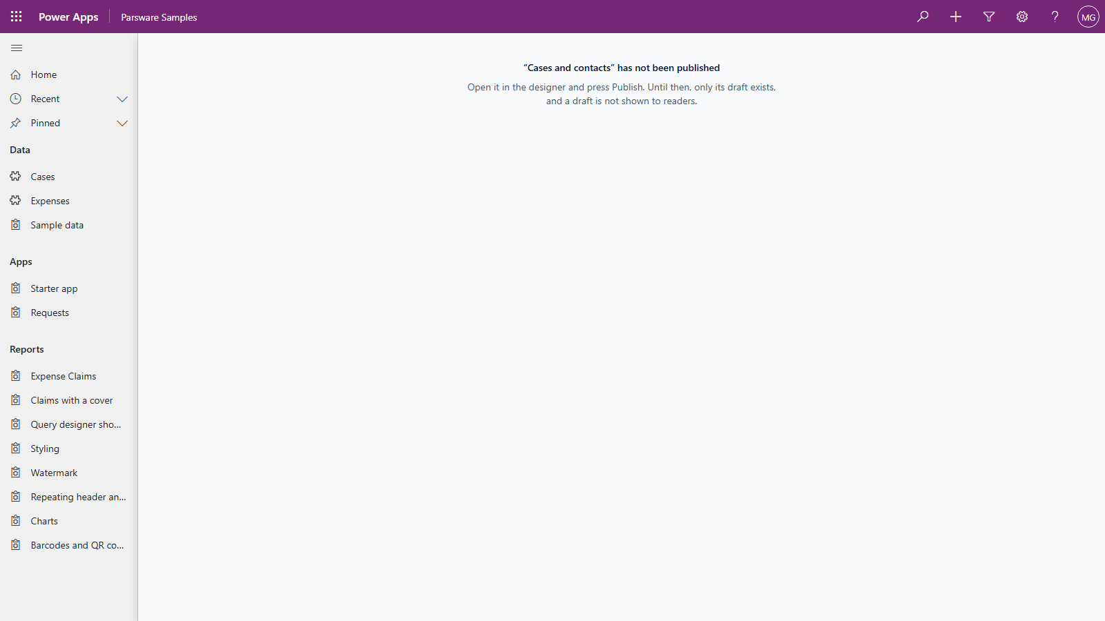 A Parsware report page in the Samples app saying "Cases and contacts" has not been published. Open it in the designer and press Publish. Until then, only its draft exists, and a draft is not shown to readers