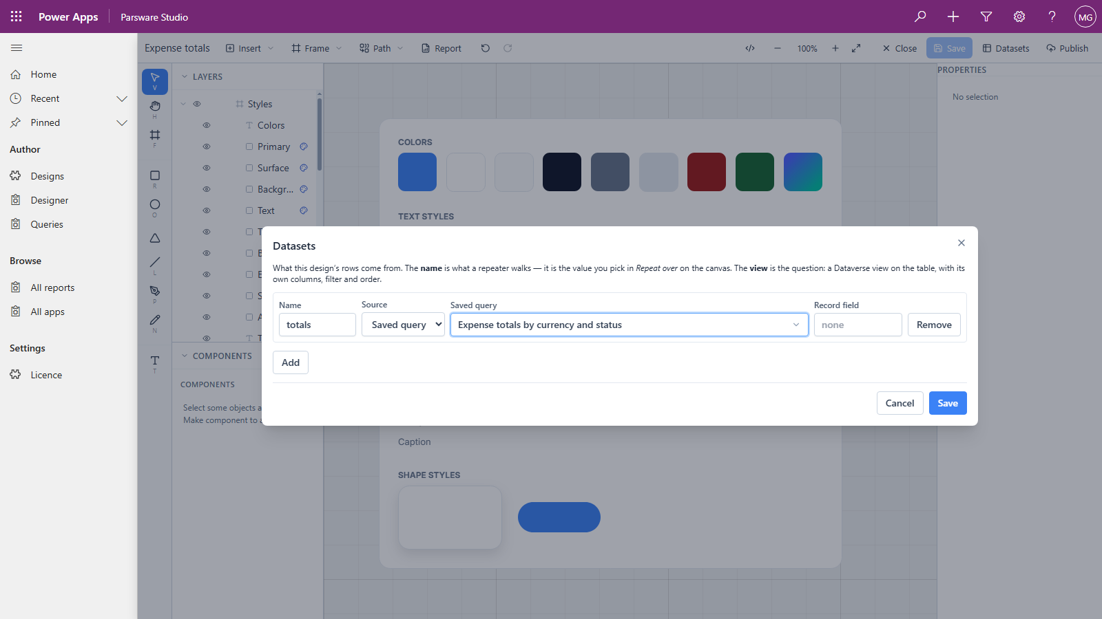 The Datasets dialog in the Parsware designer: a dataset named totals, Source Saved query, and Saved query set to Expense totals by currency and status