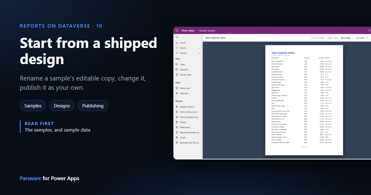 A Parsware report in the Samples app titled Team expense claims in blue, For the Monday team meeting, listing expense claims with their currency, amount and status, next to the title "Start from a shipped design"