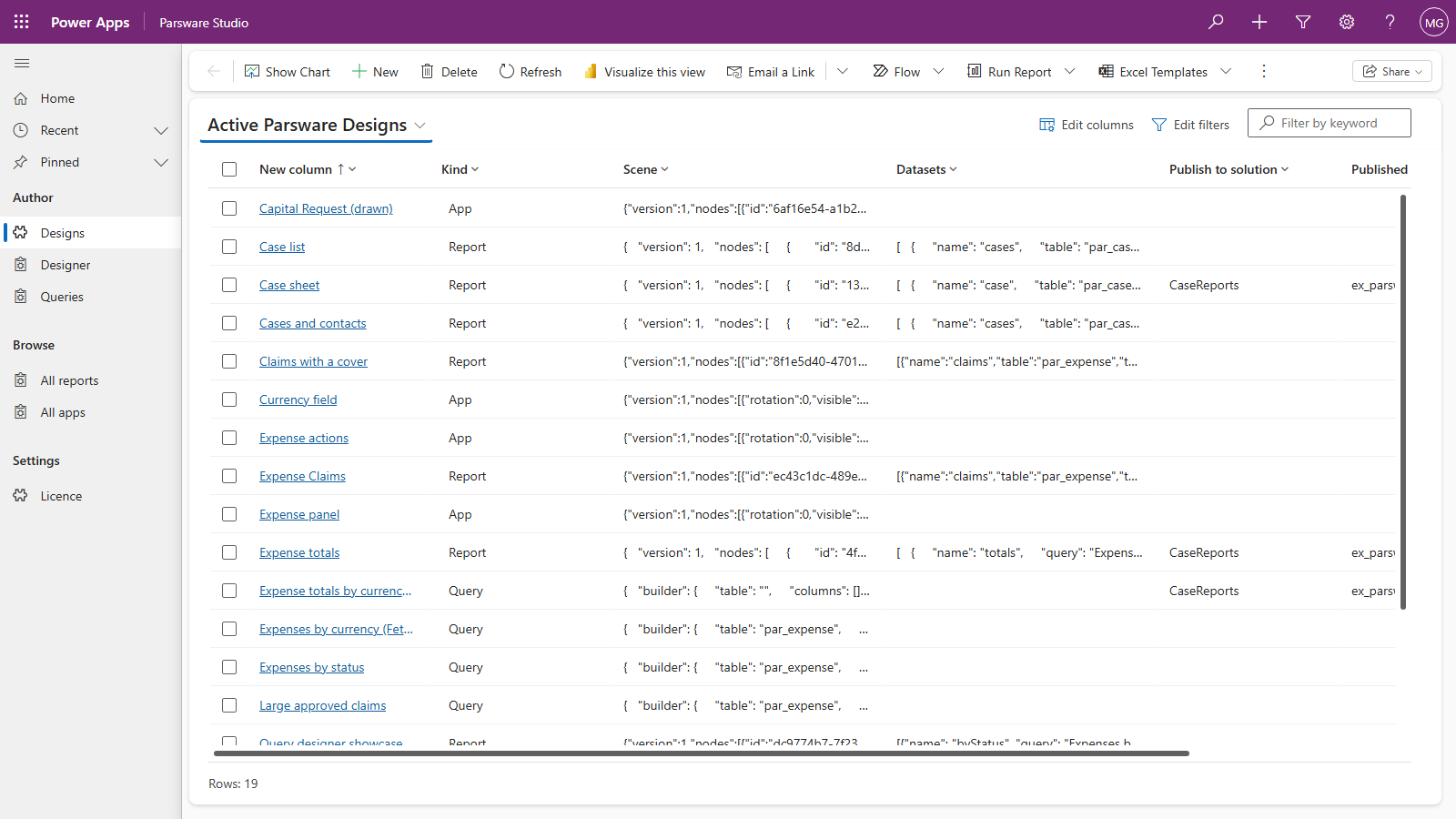 The Active Parsware Designs view in Parsware Studio listing designs such as Case sheet, Claims with a cover, Expense Claims and Expense panel, with columns for Kind, Scene, Datasets, Publish to solution and Published