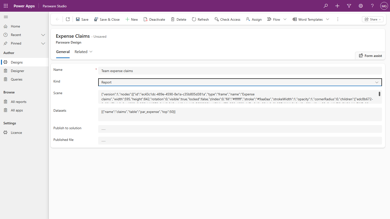 The Expense Claims design's form with its Name changed to Team expense claims, Kind Report, the Scene and Datasets fields, and Publish to solution and Published file both empty