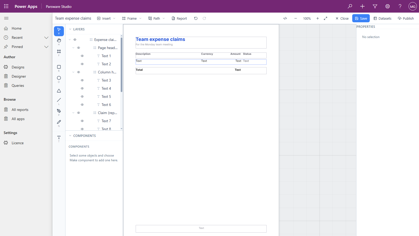 The designer with Team expense claims open: the page header now reads Team expense claims in blue and For the Monday team meeting, above the Description, Currency, Amount and Status columns, the repeating row and the Total row