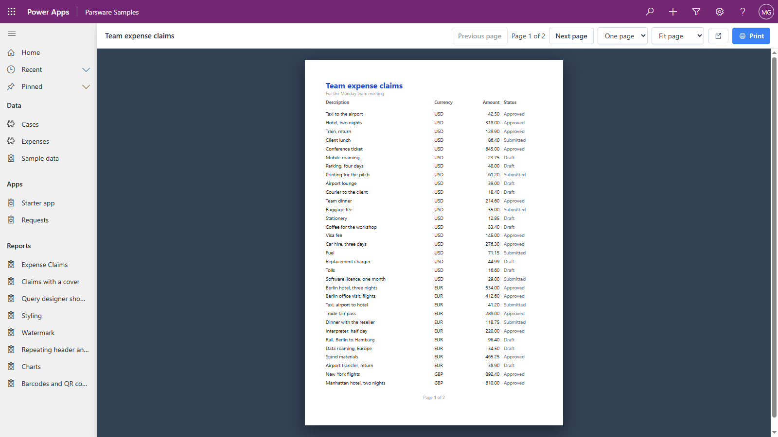 The Team expense claims report open in the Parsware Samples app: page 1 of 2, titled Team expense claims in blue, For the Monday team meeting, listing claims from Taxi to the airport to Manhattan hotel, two nights
