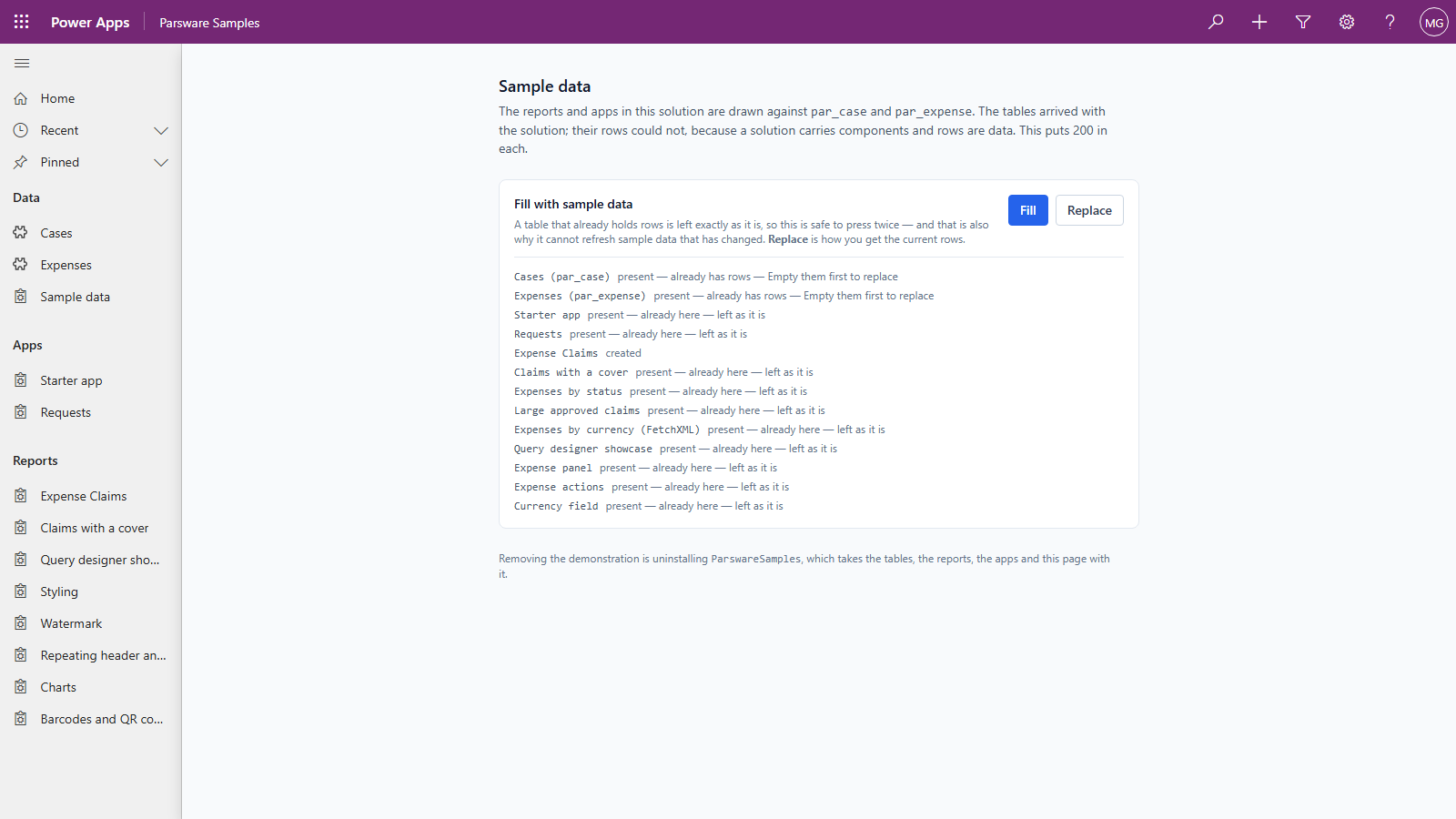 The Sample data page after pressing Fill again: Cases and Expenses already have rows and are left alone, every sample design is already here apart from Expense Claims, which was created