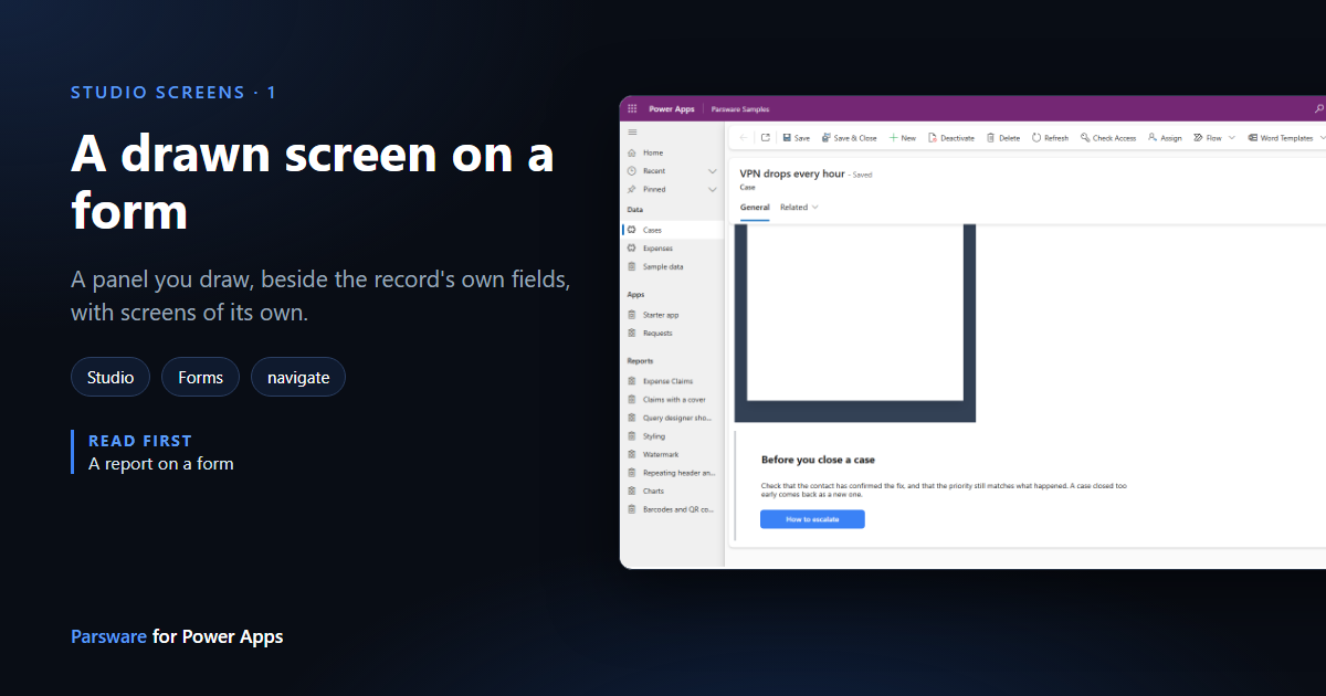 A case record, VPN drops every hour, with a drawn panel below its fields headed Before you close a case, a short paragraph and a blue How to escalate button, next to the title "A drawn screen on a form"