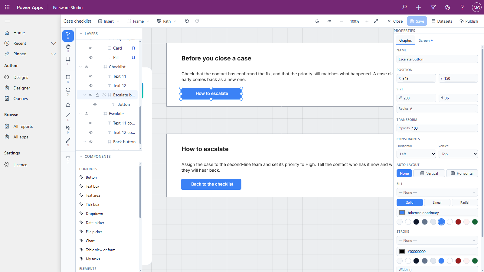 The Parsware designer with the Case checklist design: the Checklist screen headed Before you close a case with its paragraph and a selected blue How to escalate button, and below it the Escalate screen with a Back to the checklist button, both listed in the layers on the left