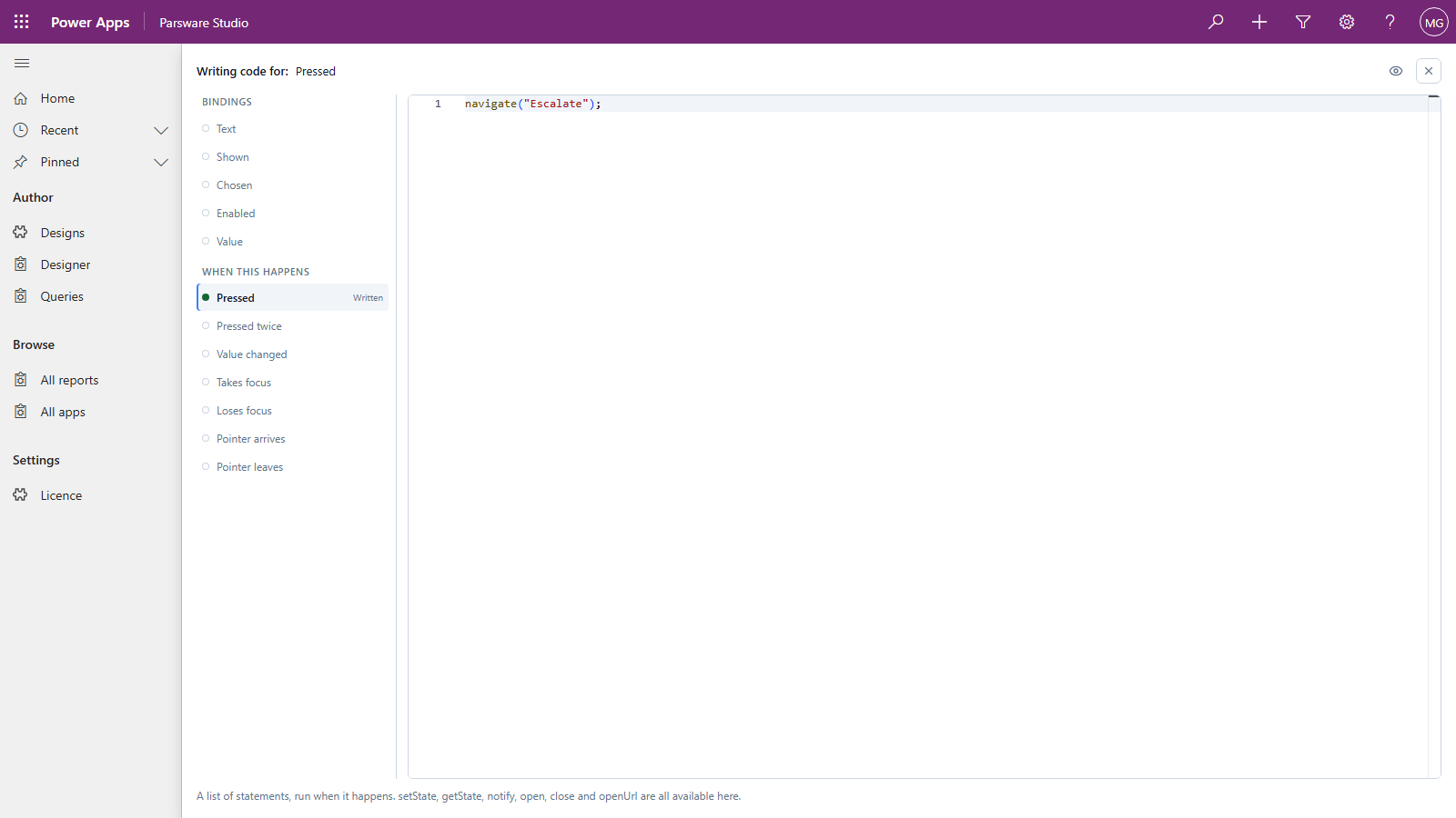 The code page for the button: Bindings Text, Shown, Chosen, Enabled and Value on the left, When this happens with Pressed marked Written, and the editor holding navigate("Escalate");