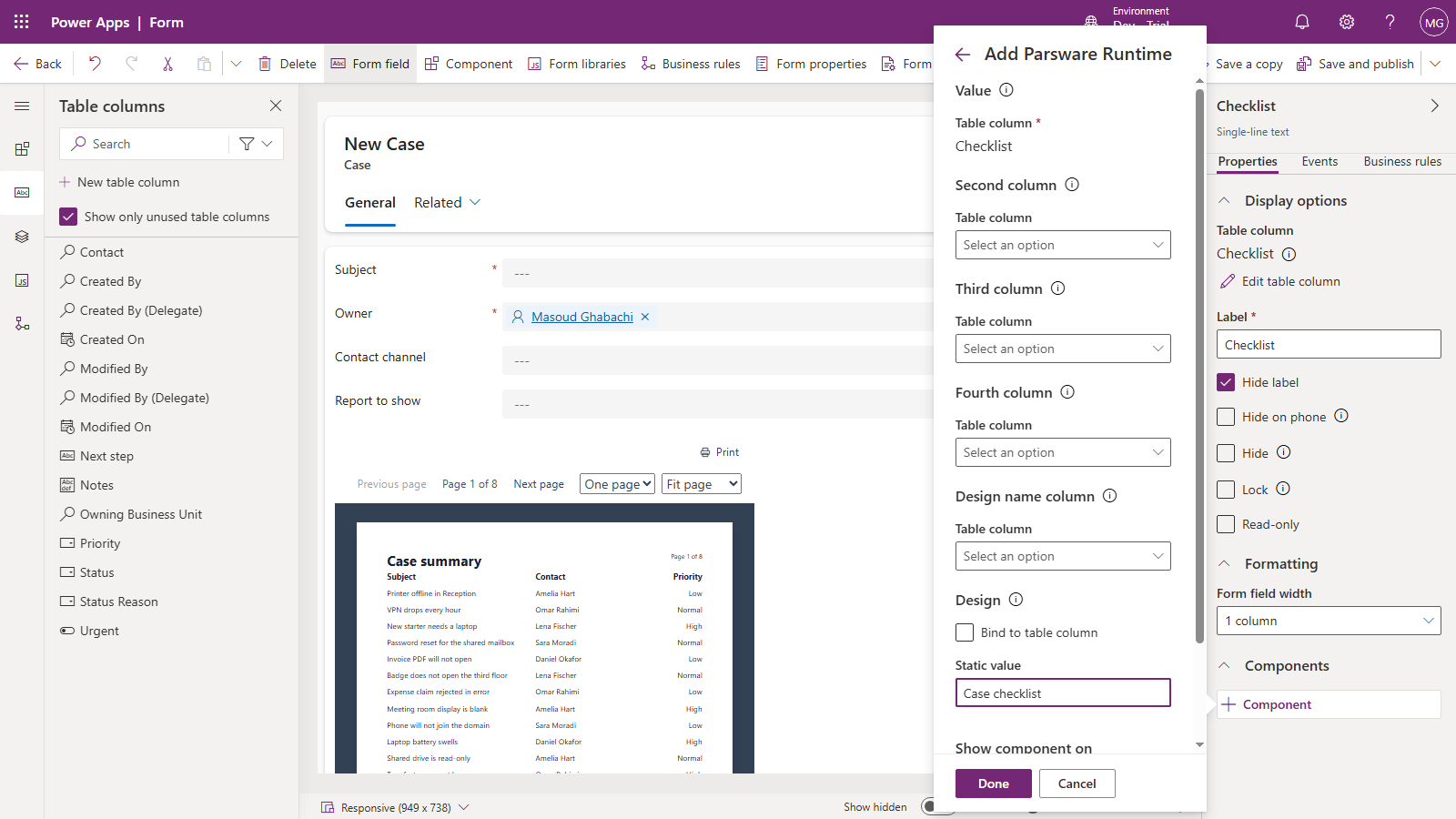 The Add Parsware Runtime panel: Value bound to the Checklist column, the second, third and fourth columns and Design name column empty, and Design set to the static value Case checklist