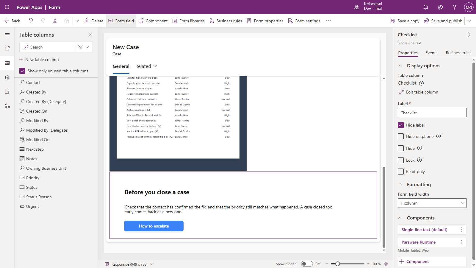 The form designer with the Case checklist screen drawn below the case report: Before you close a case, its paragraph and the How to escalate button