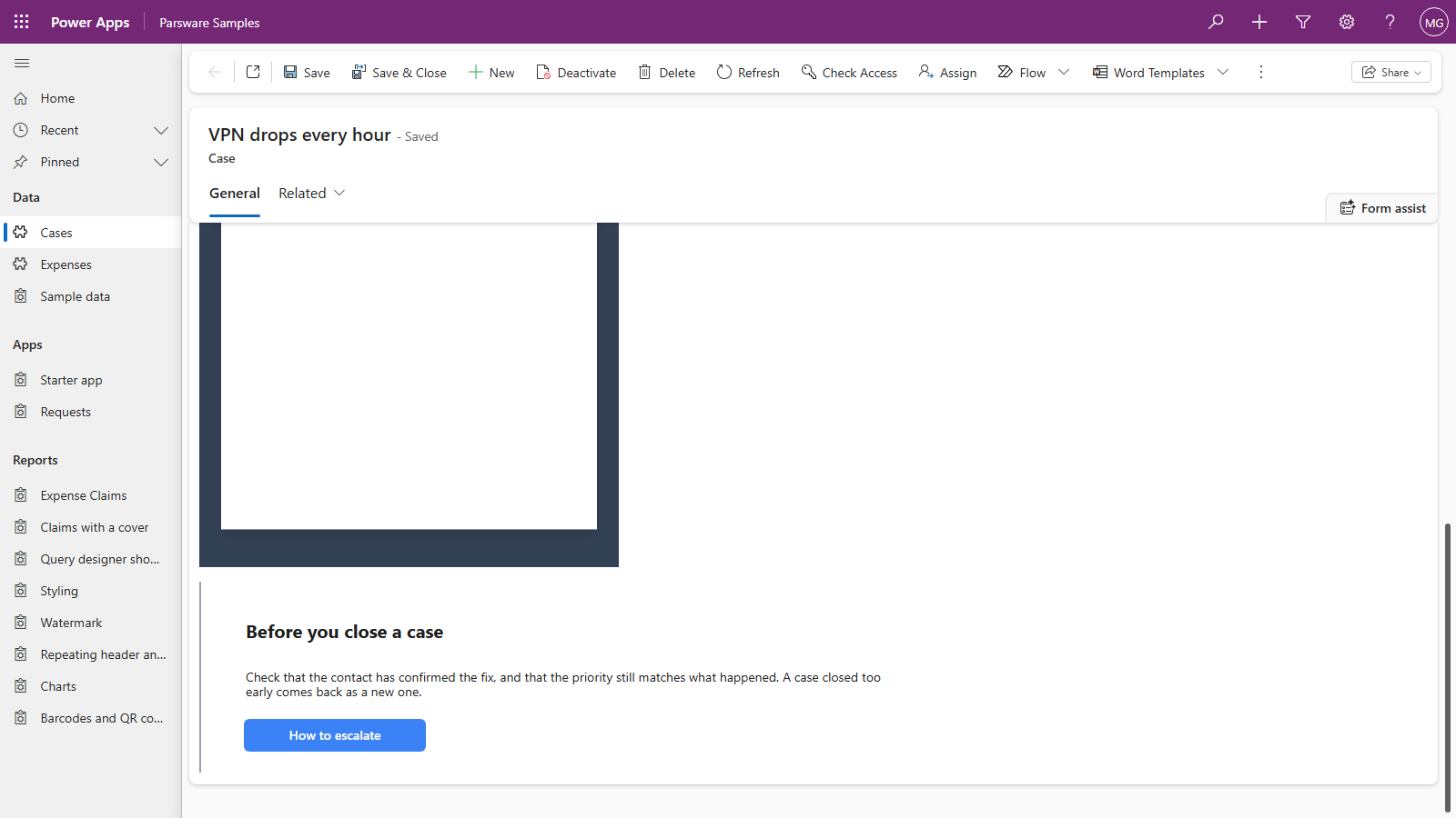 The case VPN drops every hour in the Parsware Samples app. Below the case report, the drawn panel shows Before you close a case, its paragraph and a blue How to escalate button