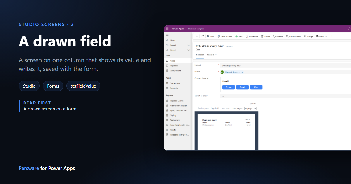 A case record with its Contact channel field drawn as a Studio screen: the value Email in large type above three blue buttons, Phone, Email and Chat, and the record marked Unsaved, next to the title "A drawn field"